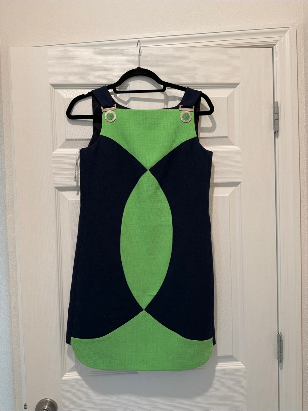 Versace Collection Navy and Lime Green Geometric Shift Dress